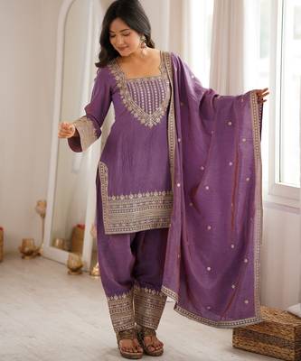 Vichitra silk embroidery sequins work pink readymade salwar suit 2