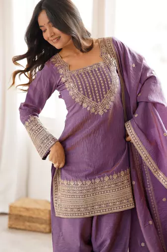Vichitra silk embroidery sequins work pink readymade salwar suit
