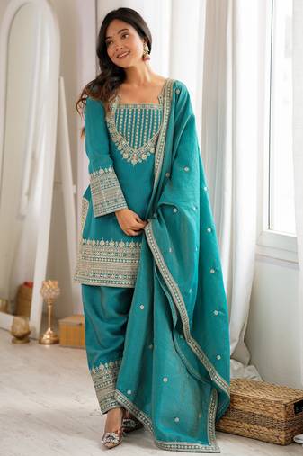 Vichitra silk embroidery sequins work green readymade salwar suit