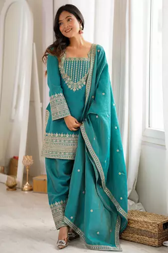 Vichitra silk embroidery sequins work green readymade salwar suit