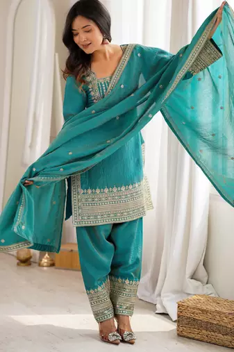 Vichitra silk embroidery sequins work green readymade salwar suit