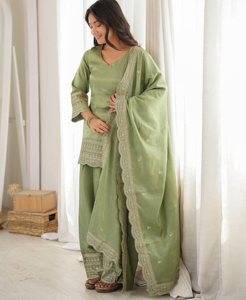 Roman silk embroidery sequins work olive green readymade salwar suit