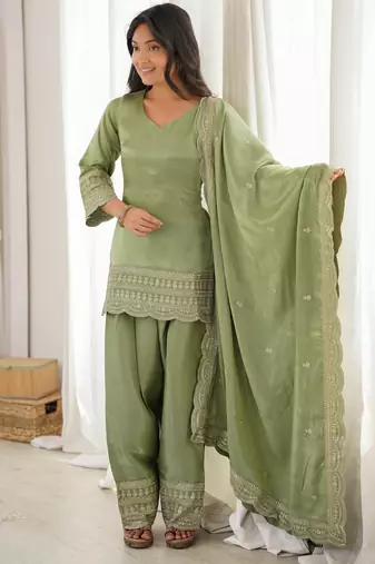 Roman silk embroidery sequins work olive green readymade salwar suit