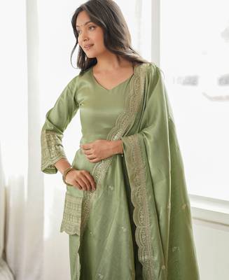 Roman silk embroidery sequins work olive green readymade salwar suit 4