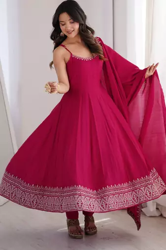Roman silk embroidery sequins work rani pink readymade ethnic gown