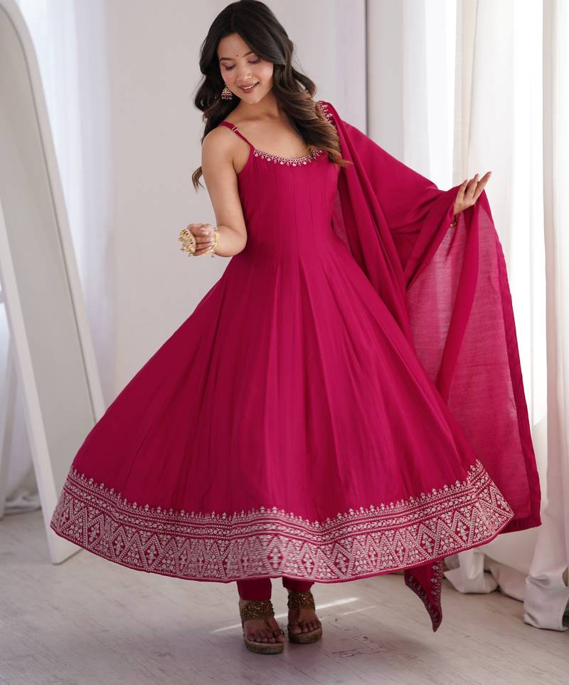 Roman silk embroidery sequins work rani pink readymade ethnic gown