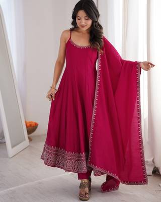 Roman silk embroidery sequins work rani pink readymade ethnic gown 2