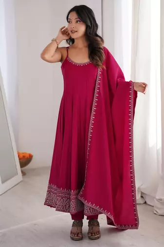 Roman silk embroidery sequins work rani pink readymade ethnic gown