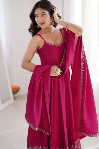 Roman silk embroidery sequins work rani pink readymade ethnic gown