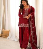 Roman silk embroidery sequins work maroon readymade salwar suit
