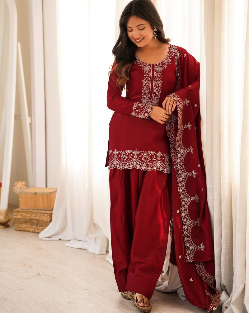 Roman silk embroidery sequins work maroon readymade salwar suit