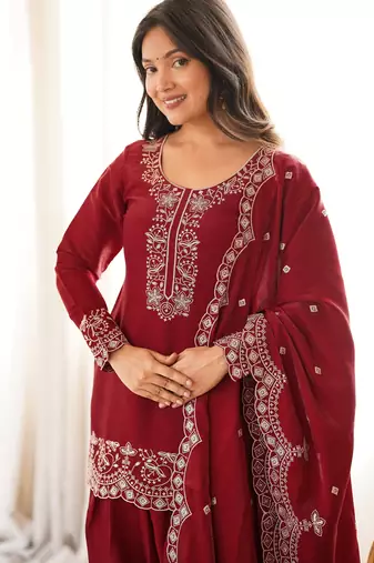 Roman silk embroidery sequins work maroon readymade salwar suit