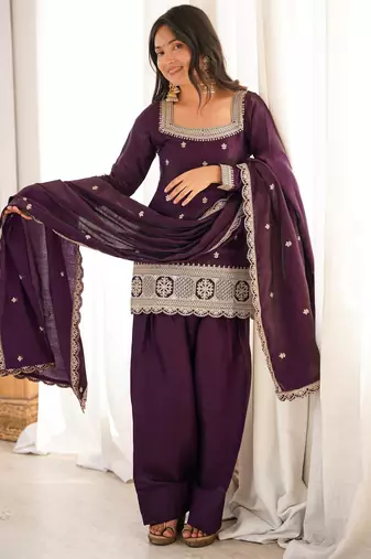 Roman silk embroidery sequins work purple readymade salwar suit