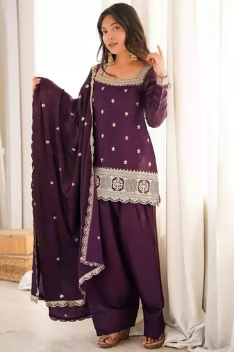 Roman silk embroidery sequins work purple readymade salwar suit