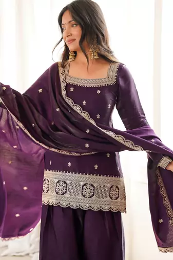 Roman silk embroidery sequins work purple readymade salwar suit