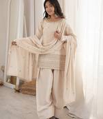 Roman silk embroidery sequins work cream readymade salwar suit