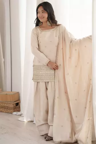 Roman silk embroidery sequins work cream readymade salwar suit