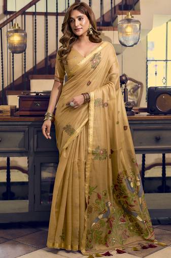 Cream kolkata cotton saree with litchi work & fancy tassels