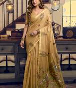 Cream kolkata cotton saree with litchi work & fancy tassels