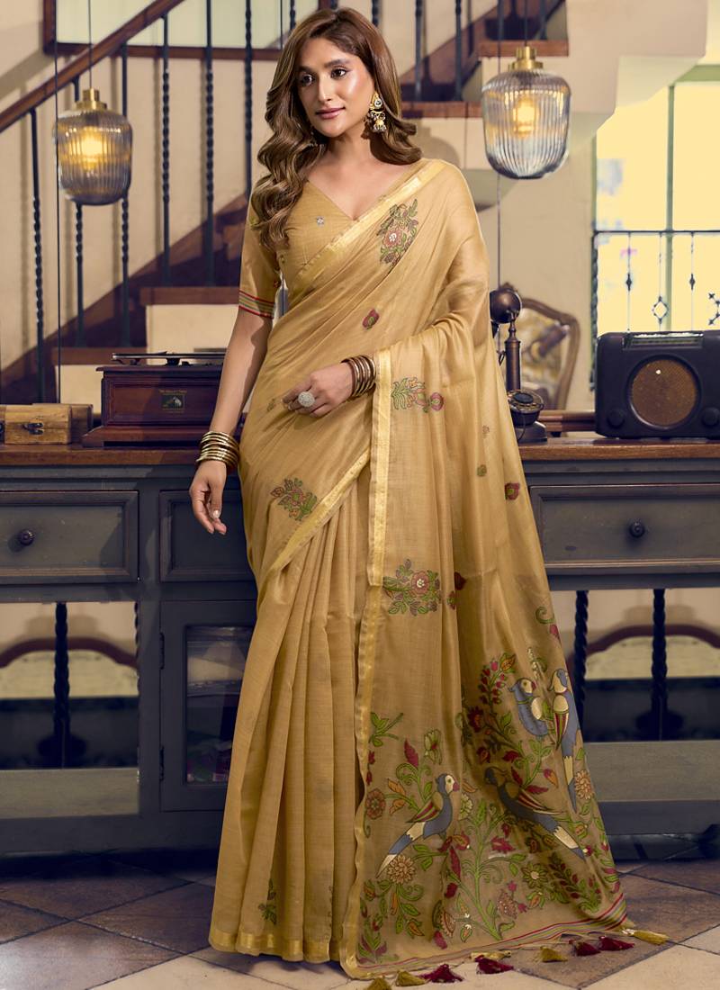 Cream kolkata cotton saree with litchi work & fancy tassels