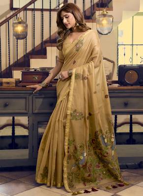 Cream kolkata cotton saree with litchi work & fancy tassels 2