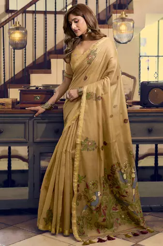 Cream kolkata cotton saree with litchi work & fancy tassels
