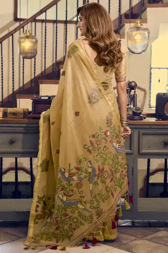 Cream kolkata cotton saree with litchi work & fancy tassels
