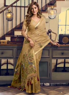 Cream kolkata cotton saree with litchi work & fancy tassels 4