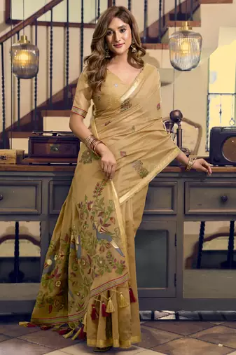Cream kolkata cotton saree with litchi work & fancy tassels