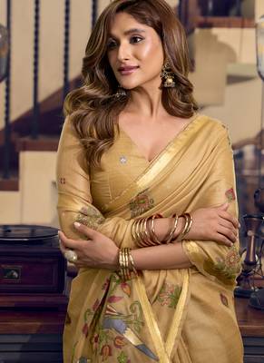 Cream kolkata cotton saree with litchi work & fancy tassels 5