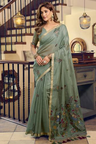 Pista kolkata cotton saree with litchi work & fancy tassels