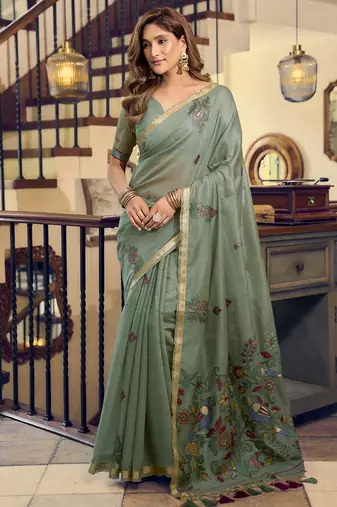 Pista kolkata cotton saree with litchi work & fancy tassels