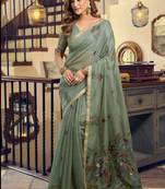 Pista kolkata cotton saree with litchi work & fancy tassels