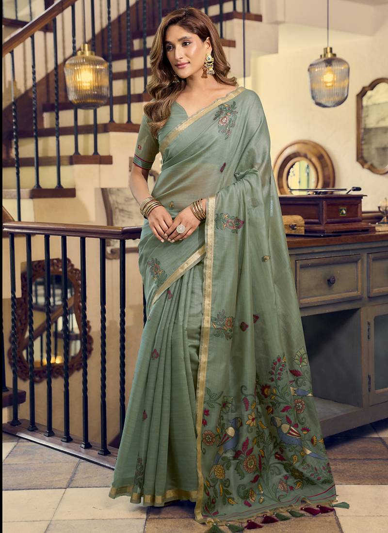 Pista kolkata cotton saree with litchi work & fancy tassels