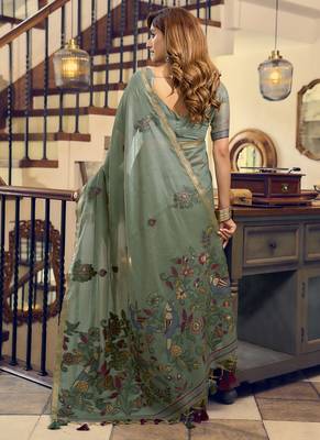 Pista kolkata cotton saree with litchi work & fancy tassels 3