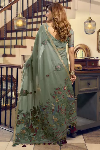 Pista kolkata cotton saree with litchi work & fancy tassels