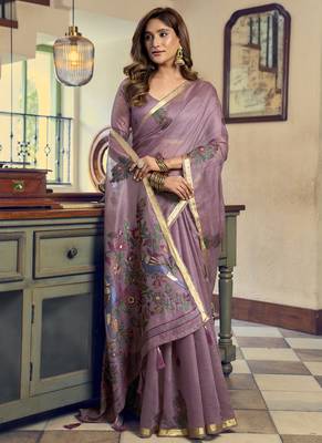 Mauve kolkata cotton saree with litchi work & fancy tassels 1
