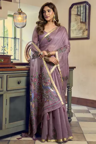 Mauve kolkata cotton saree with litchi work & fancy tassels