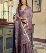 Mauve kolkata cotton saree with litchi work & fancy tassels