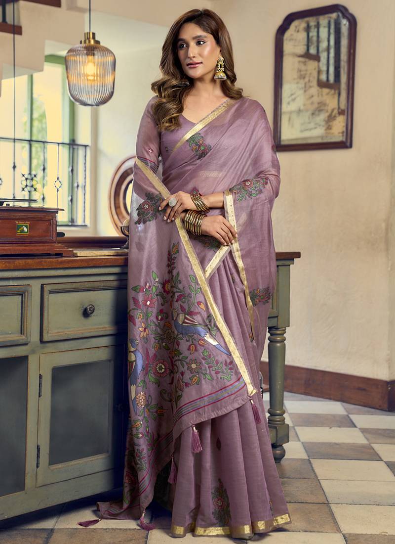 Mauve kolkata cotton saree with litchi work & fancy tassels