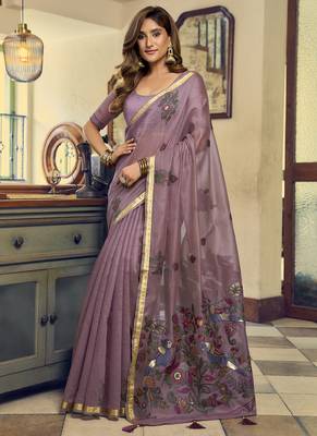 Mauve kolkata cotton saree with litchi work & fancy tassels 2