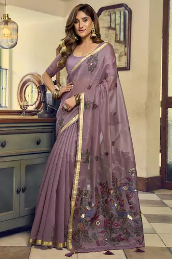 Mauve kolkata cotton saree with litchi work & fancy tassels