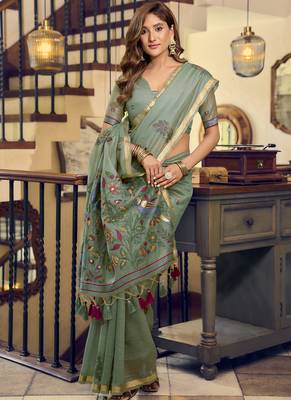 Pista kolkata cotton saree with litchi work & fancy tassels 4