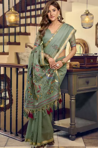 Pista kolkata cotton saree with litchi work & fancy tassels
