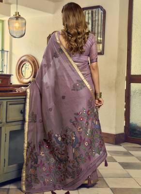 Mauve kolkata cotton saree with litchi work & fancy tassels 3