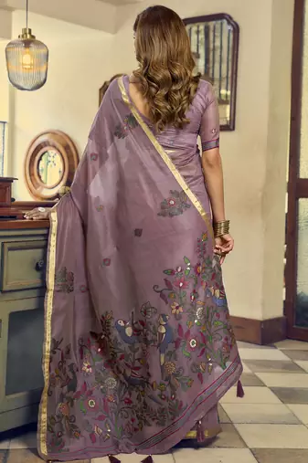 Mauve kolkata cotton saree with litchi work & fancy tassels