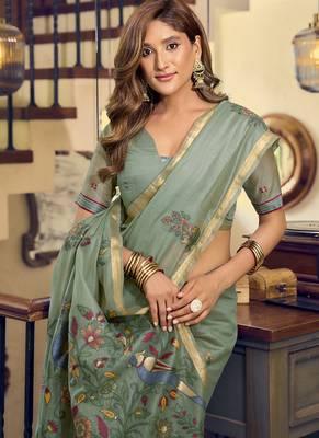 Pista kolkata cotton saree with litchi work & fancy tassels 5