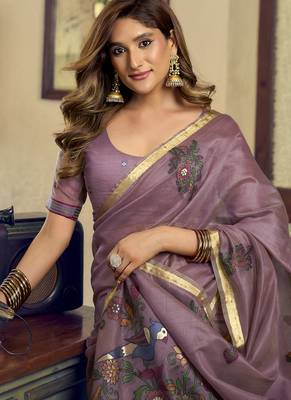 Mauve kolkata cotton saree with litchi work & fancy tassels 4
