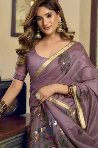 Mauve kolkata cotton saree with litchi work & fancy tassels