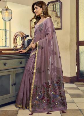 Mauve kolkata cotton saree with litchi work & fancy tassels 5